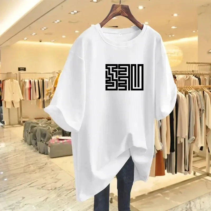 2024 New Pure Cotton T-shirt, plus size, women's loose fit, versatile style, age reduction, O-neck, short sleeves.