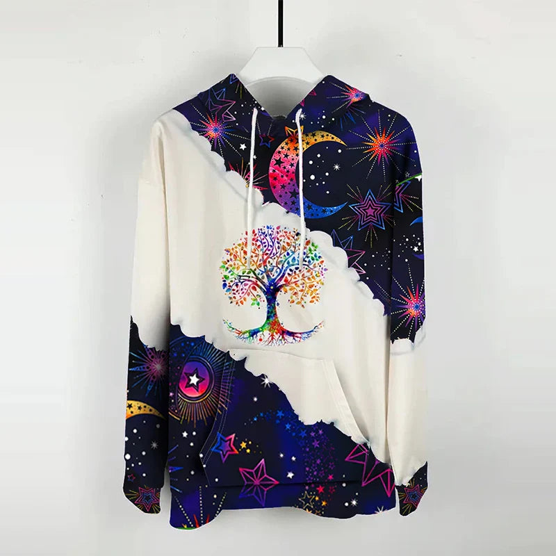 Moon Print Drawstring Hoodie Casual Long Sleeve Hooded Sweatshirt Women's Clothing