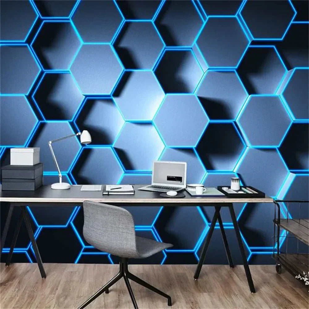 Unique 3D geometric wallpaper with hexagonal pattern in modern office setting.