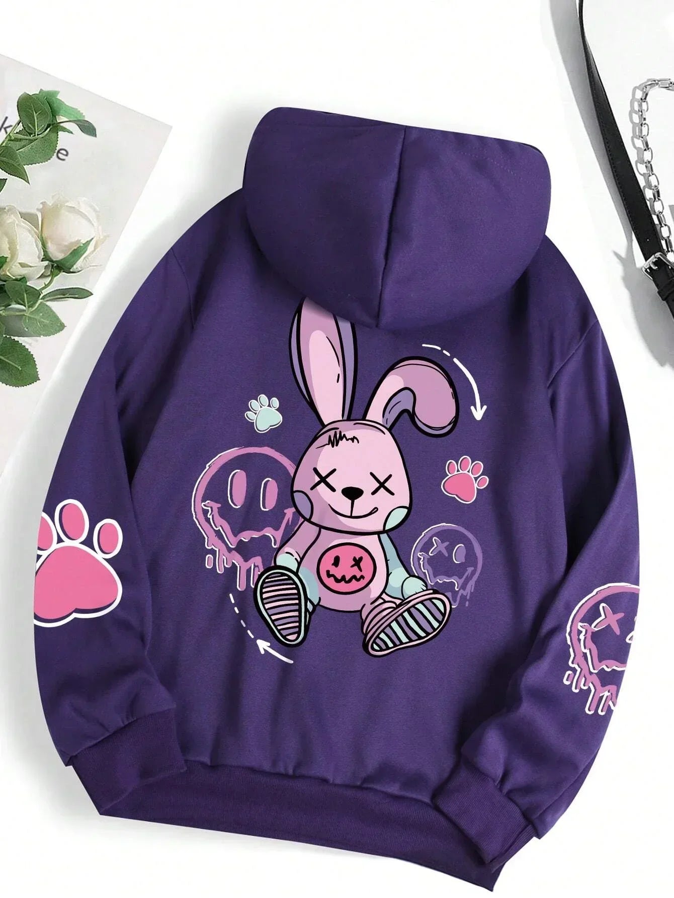 Casual Women Hoodies Good Cartoons Pink Rabbit Cute Printing Pullovers 