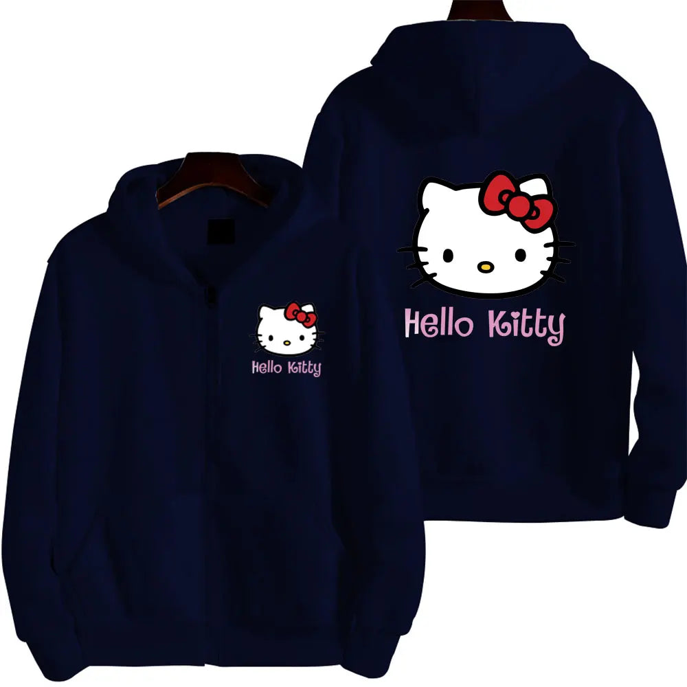 Damen Reißverschluss Hoodie Herbst und Winter Neues süßes Kawaii Sanrio Hello Kitty Muster Sweatshirt 2024 Streetwear Damenbekleidung