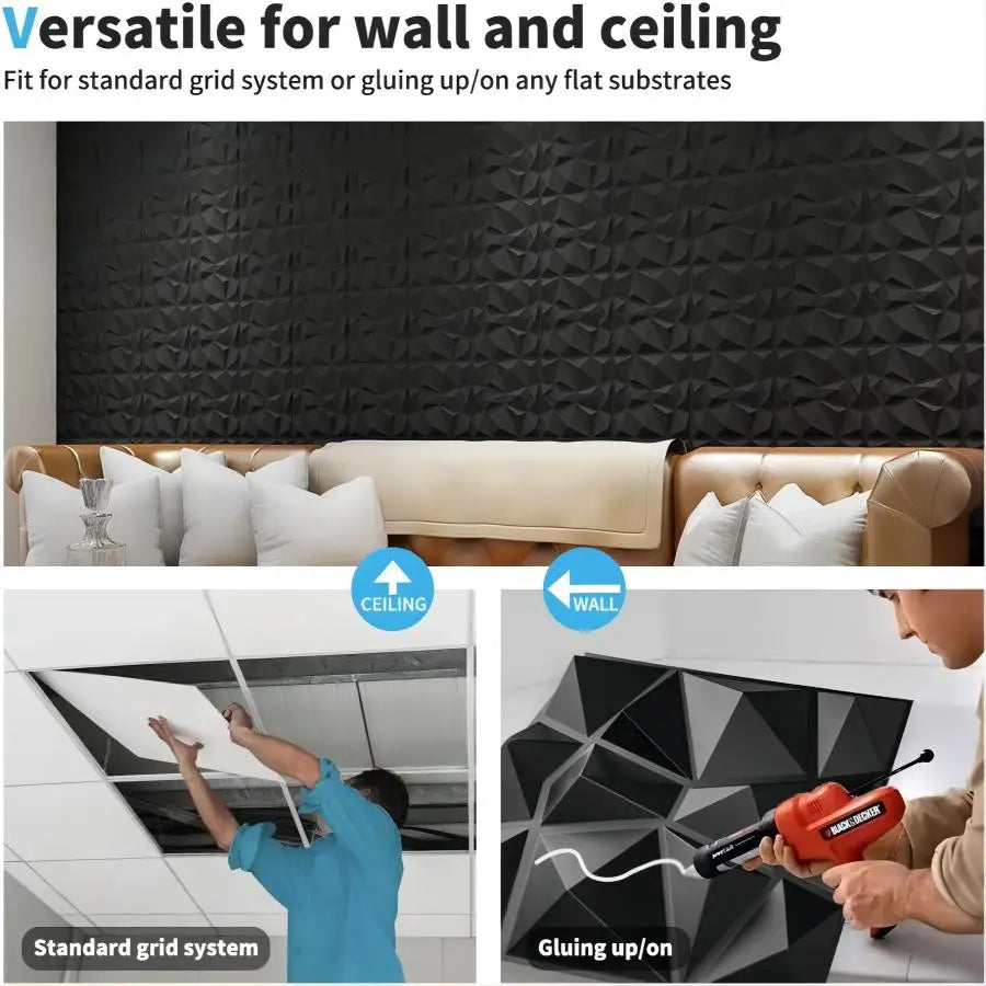 12pcs 3D wall panels for indoor wall decoration,PVC pattern for living room hall bedroom hotel office,black,30.48 cm x 30.48 cm