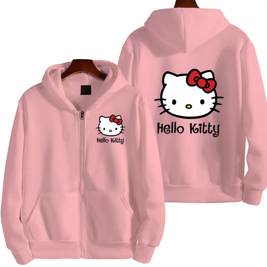 Women's zipper hoodie with Hello Kitty pattern, perfect for autumn and winter streetwear, cute kawaii Sanrio style.