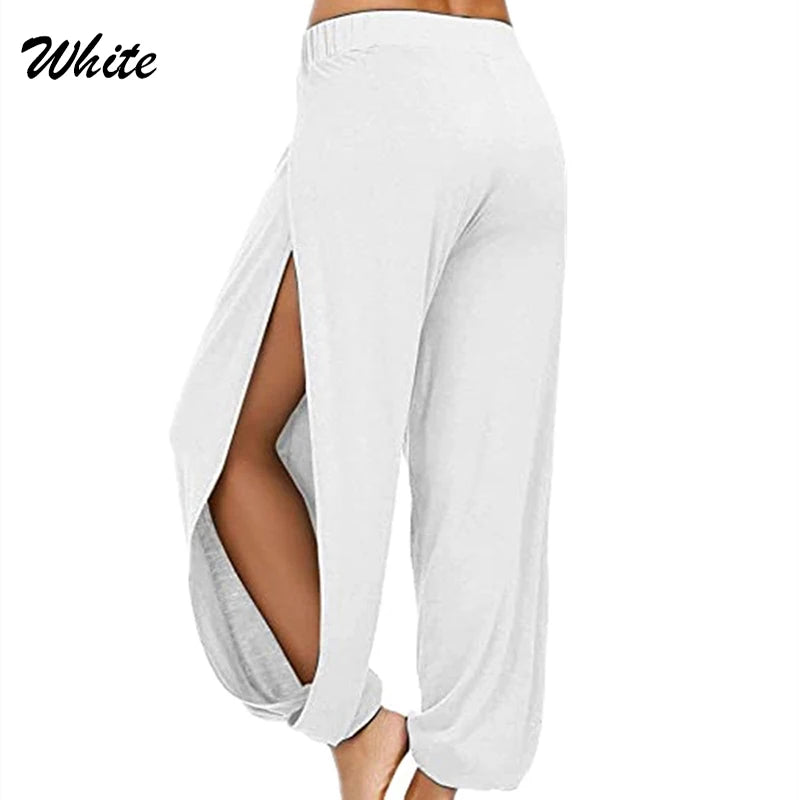 Damenbekleidung Yoga Hohe elastische Taille Schlitz Weites Bein Harenhose Gym Leggings Lässige feste lockere Hose Home Sommertrend