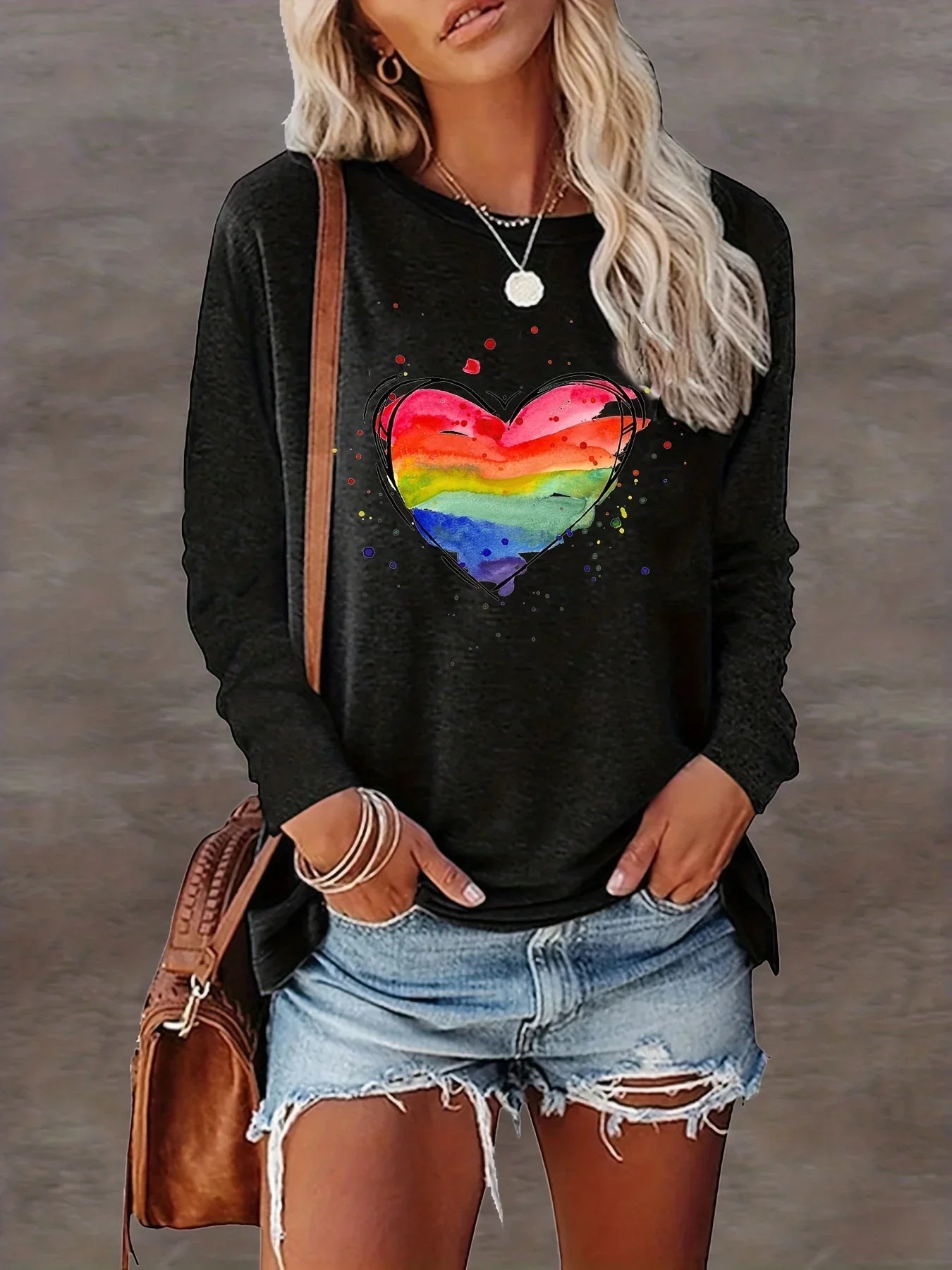 Rainbow Print, Casual Long Sleeve Crew Neck T-shirt For Spring & Summer, Women's Clothing