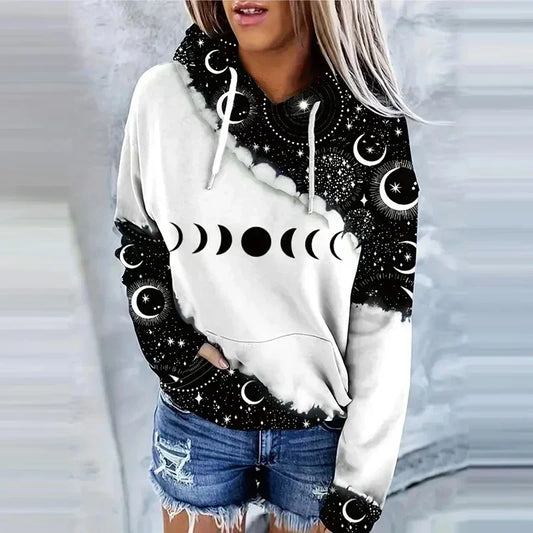 Moon print drawstring hoodie with long sleeves and casual style for women.