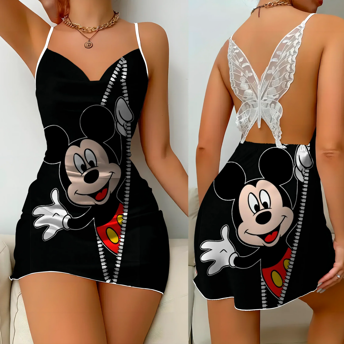 Minikleid Pyjamarock Schleife Knoten Partykleider Satinoberfläche Minnie Mouse Disney Mickey Damenmode Sommer 2024 Elegante Damen