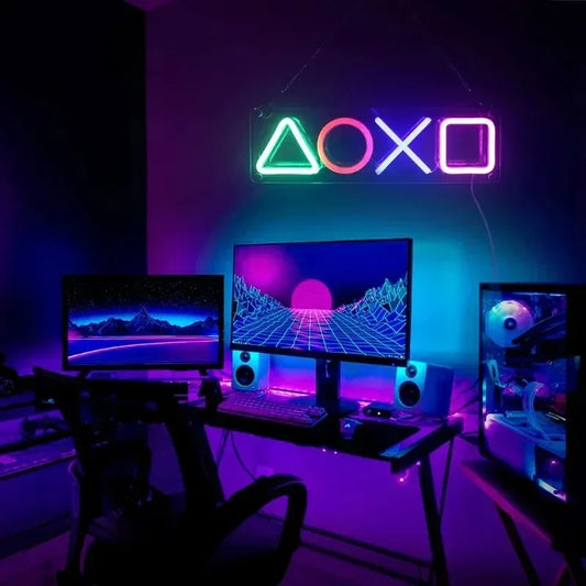 Neon sign for bedroom wall decor, USB powered, shaped like PlayStation symbols, vibrant lighting.