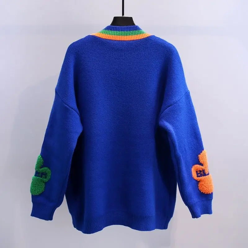 Cardigan monopetto da donna in maglia acrilica blu con scollo a V, lettera e fiore, casual, per abbigliamento da donna, spesso, invernale