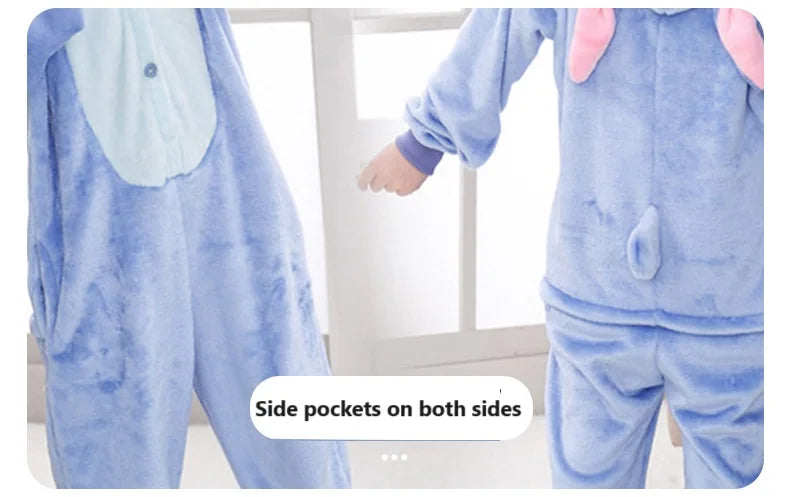 New Cartoon One-Piece Pajamas Men and Women Flannel Blue and Pink Anim