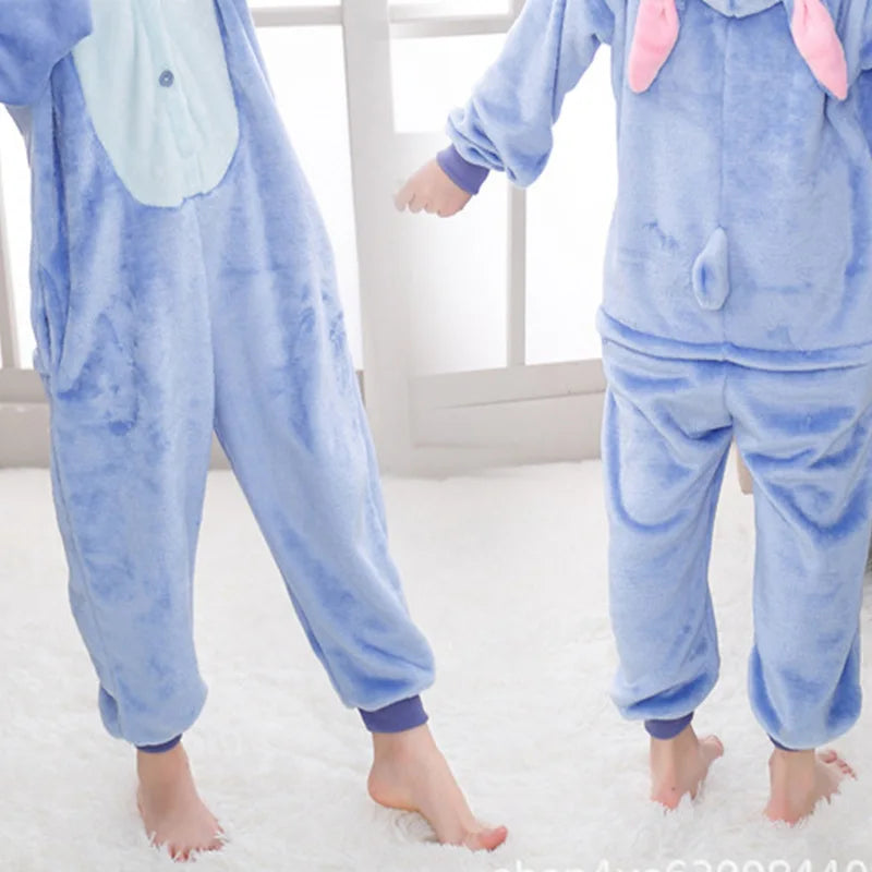 New Cartoon One-Piece Pajamas Men and Women Flannel Blue and Pink Anim