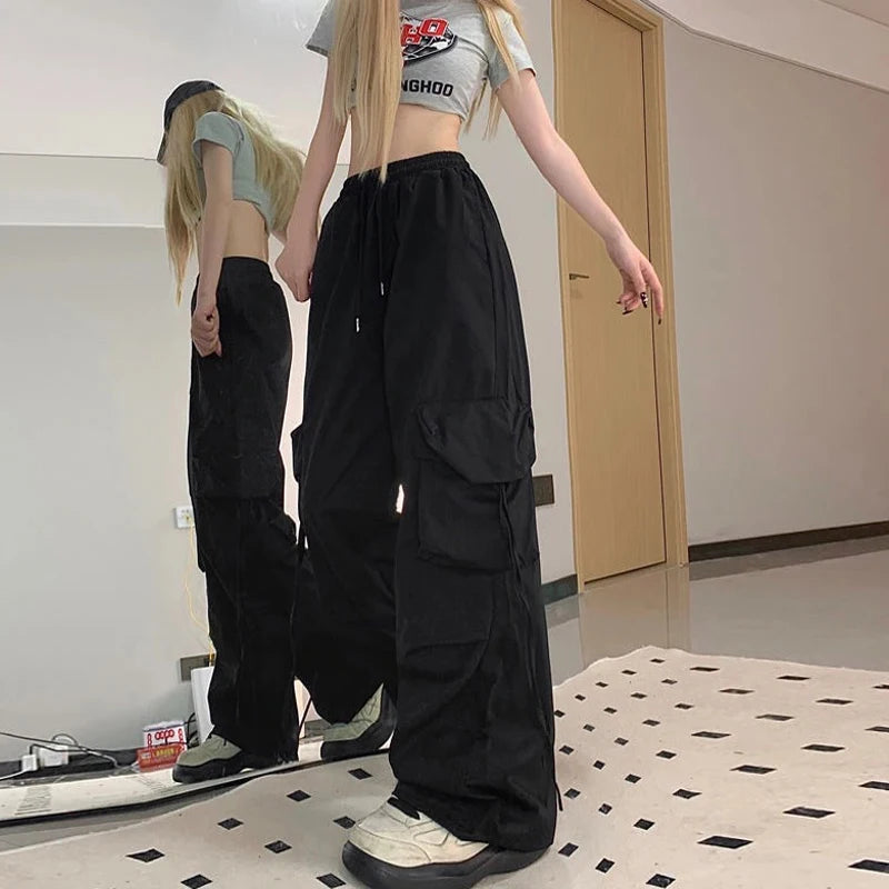 Y2K Cargohose Damen Streetwear Übergroße Jogginghose mit weitem Bein Harajuku Große Taschen Jogger Bf Hohe Taille Baggy Sporthose