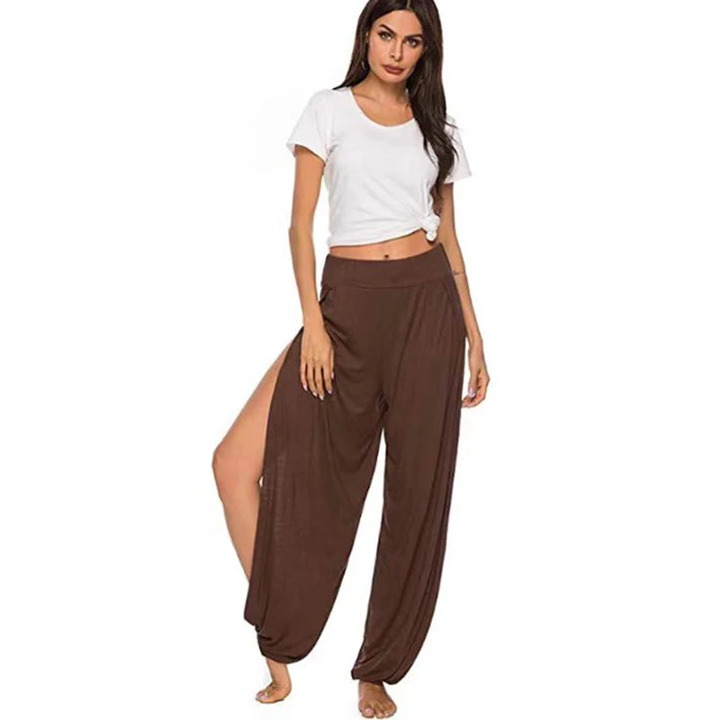 Women Clothing Yoga High Elastic Waisted Slit Wide Leg Haren Pants Gym