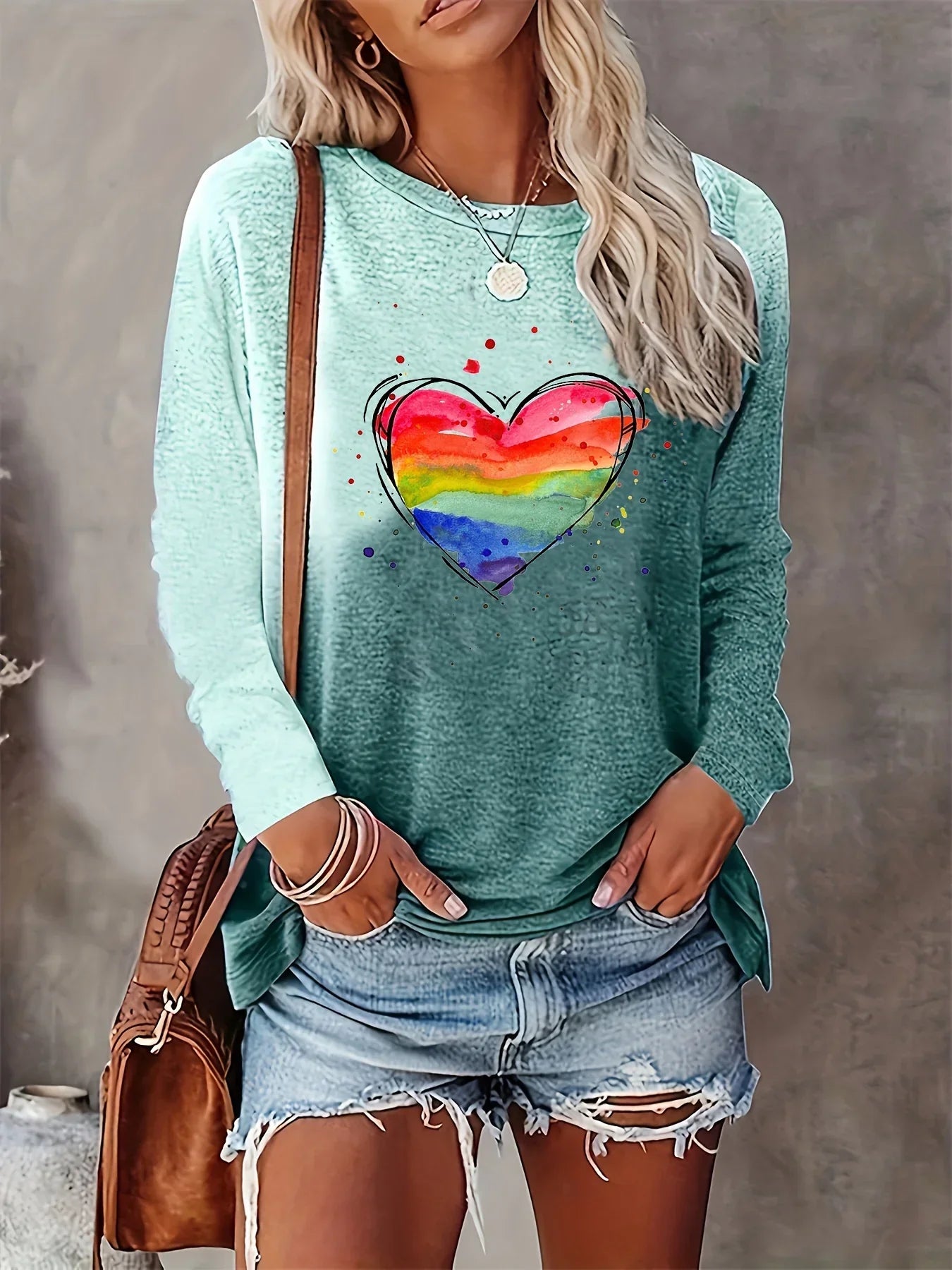 Rainbow Print, Casual Long Sleeve Crew Neck T-shirt For Spring & Summer, Women's Clothing