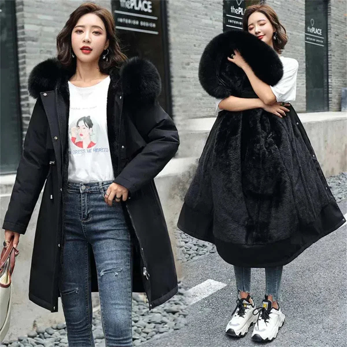 Winter Parka Jacket For Women 2024 New Long Sleeve Clothes Fashion Hooded Fur Collar Coat Thick Warm Casual Medium Length Coats