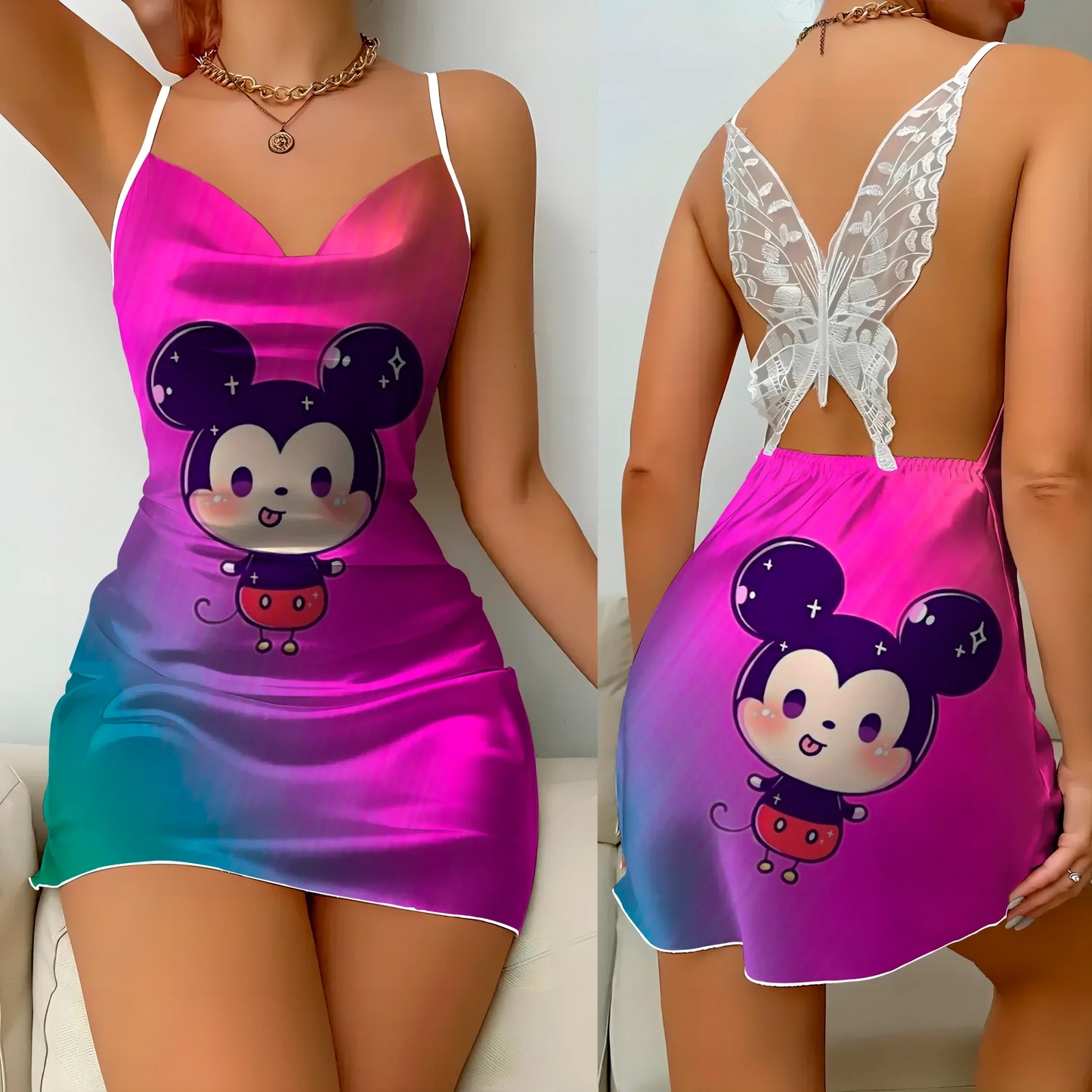 Minikleid Pyjamarock Schleife Knoten Partykleider Satinoberfläche Minnie Mouse Disney Mickey Damenmode Sommer 2024 Elegante Damen