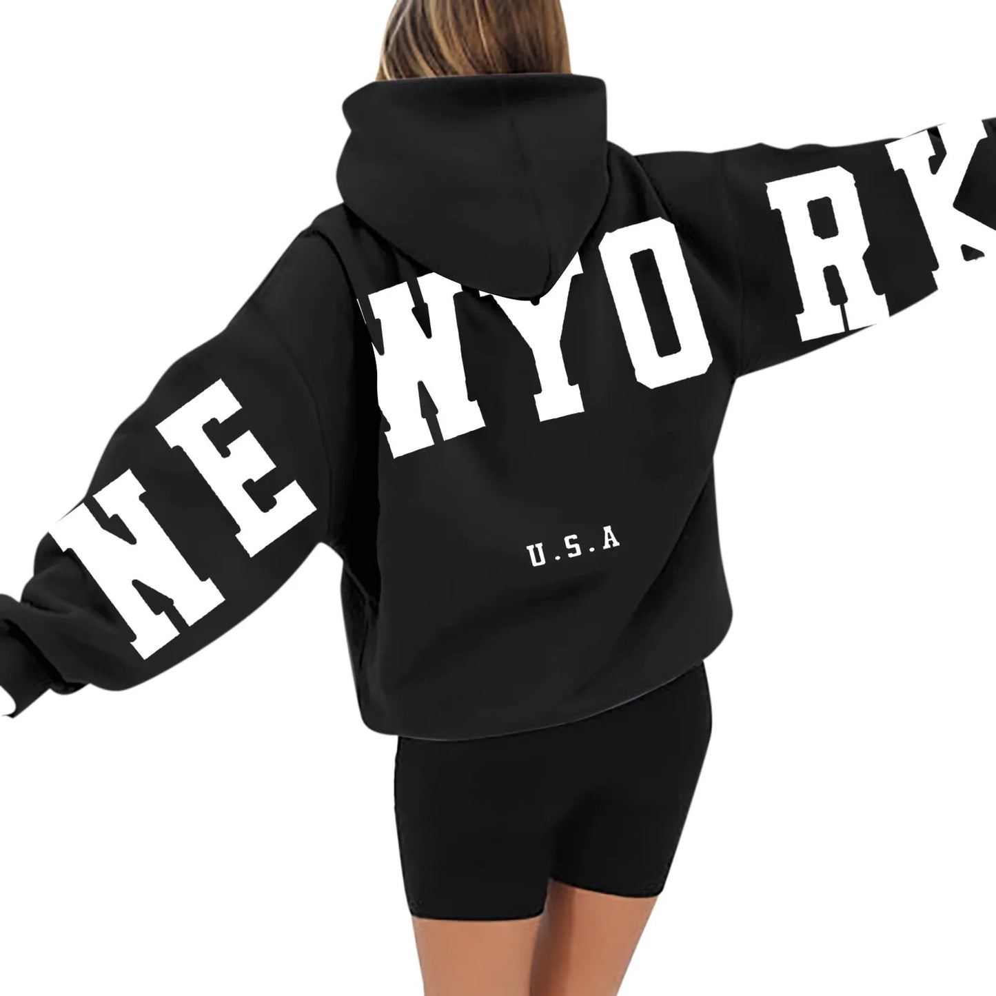 Kapuzenpullover mit langen Ärmeln und Reißverschluss auf der Rückseite für Damen, mit New York USA-Aufdruck, Kapuzenpulloverkleid, lange Kapuzenpullover für Damen, Sweatshirts, Übergröße