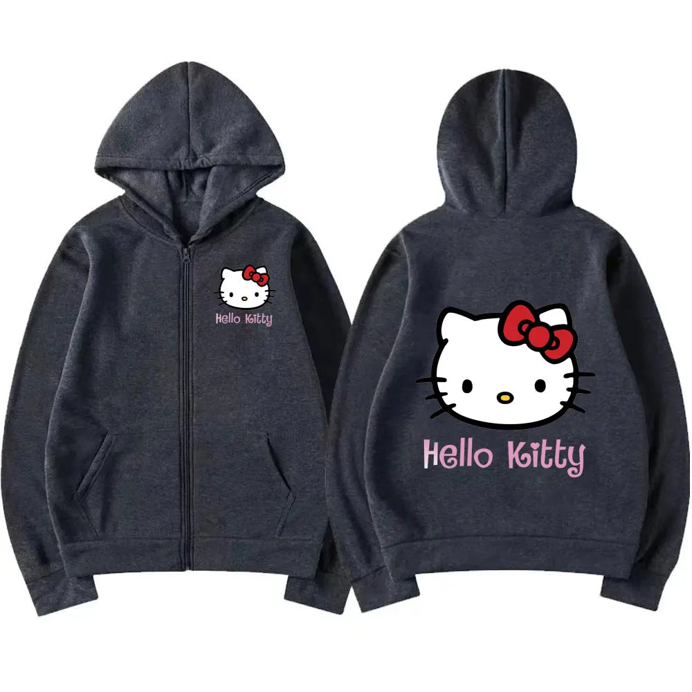 Damen Reißverschluss Hoodie Herbst und Winter Neues süßes Kawaii Sanrio Hello Kitty Muster Sweatshirt 2024 Streetwear Damenbekleidung