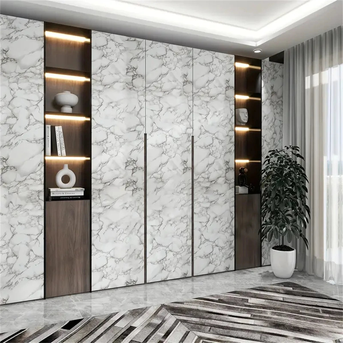 PVC Pearl Film Waterproof Wallpaper Room DIY Self-adhesive Black/White Wardrobe Kitchen High Gloss Paste Furniture Wall Stickers