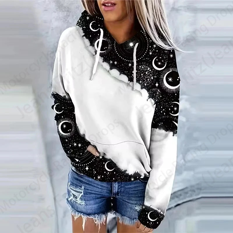 Moon Sun 3d Print Drawstring Hoodie Women Fashion Oversized Hoodies Wo