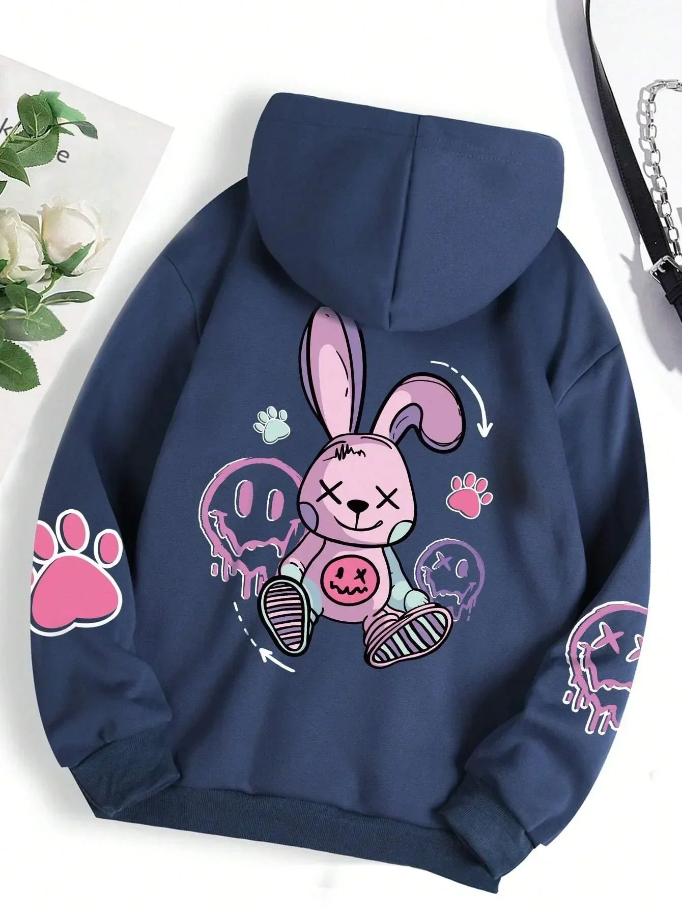 Casual Women Hoodies Good Cartoons Pink Rabbit Cute Printing Pullovers 