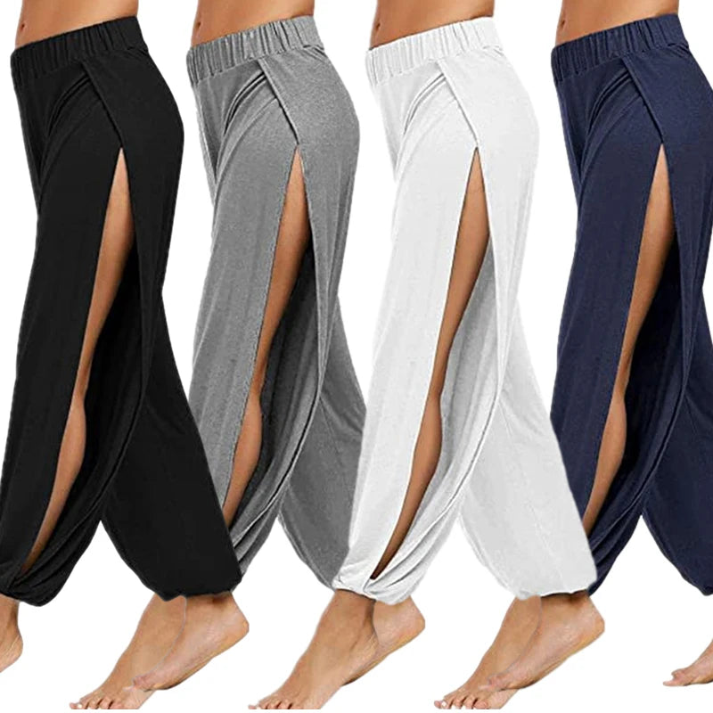 Damenbekleidung Yoga Hohe elastische Taille Schlitz Weites Bein Harenhose Gym Leggings Lässige feste lockere Hose Home Sommertrend