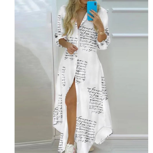 Autumn Women's New Long Shirt Skirt Long Skirt Single Breasted Printed Shirt Sleeve A-line Lapel Slit Long Sleeved Elegant Dress