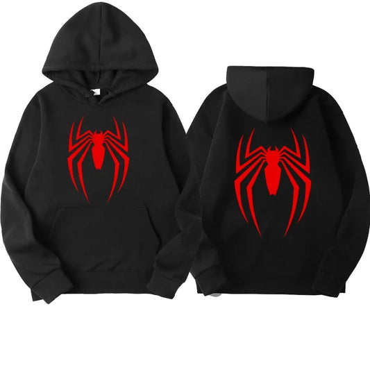 Casual funny loose hoodie with red spider print, unisex design.