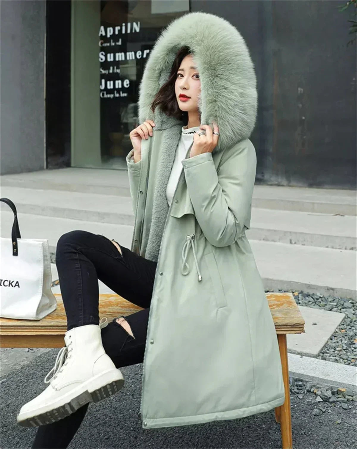 Winter Parka Jacket For Women 2024 New Long Sleeve Clothes Fashion Hooded Fur Collar Coat Thick Warm Casual Medium Length Coats