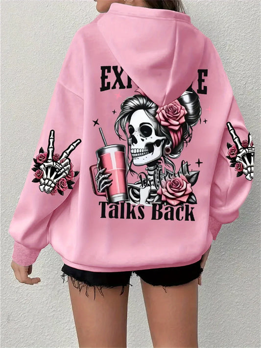 Vintage pink hoodie with a "Expensive Talks Back" funny print, featuring a skeleton design, Harajuku style, loose fit for women.