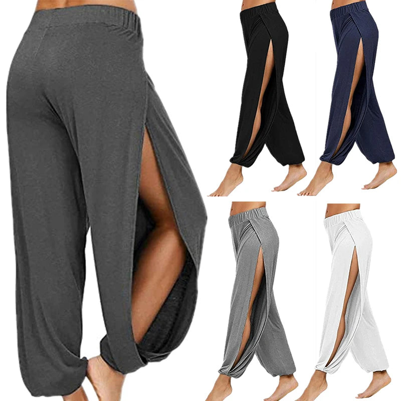 Damenbekleidung Yoga Hohe elastische Taille Schlitz Weites Bein Harenhose Gym Leggings Lässige feste lockere Hose Home Sommertrend