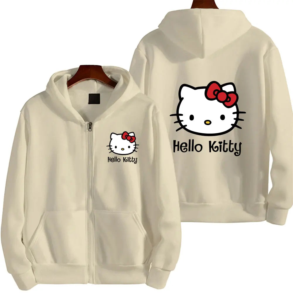 Damen Reißverschluss Hoodie Herbst und Winter Neues süßes Kawaii Sanrio Hello Kitty Muster Sweatshirt 2024 Streetwear Damenbekleidung