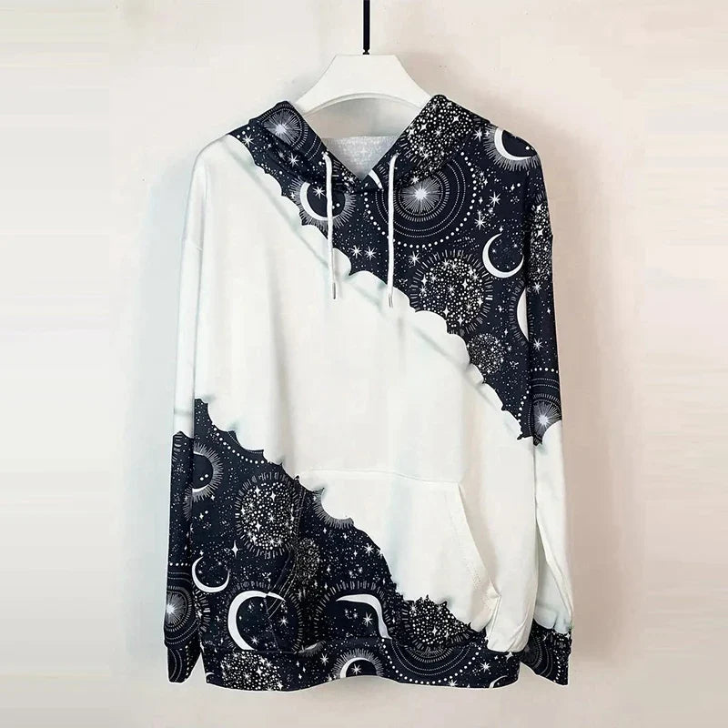 Moon Print Drawstring Hoodie Casual Long Sleeve Hooded Sweatshirt Women's Clothing