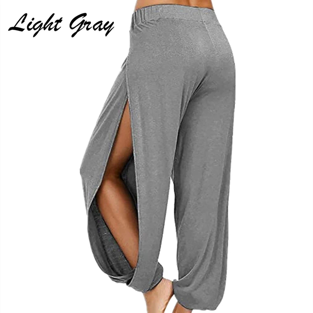 Women Clothing Yoga High Elastic Waisted Slit Wide Leg Haren Pants Gym