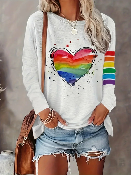 Rainbow print casual long sleeve crew neck t-shirt for women with heart design.