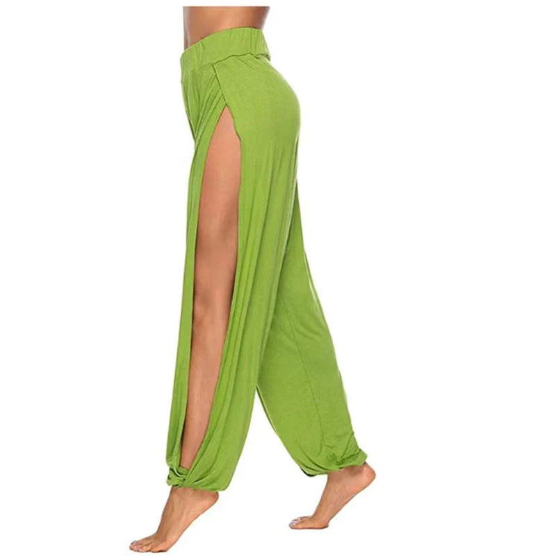 Damenbekleidung Yoga Hohe elastische Taille Schlitz Weites Bein Harenhose Gym Leggings Lässige feste lockere Hose Home Sommertrend