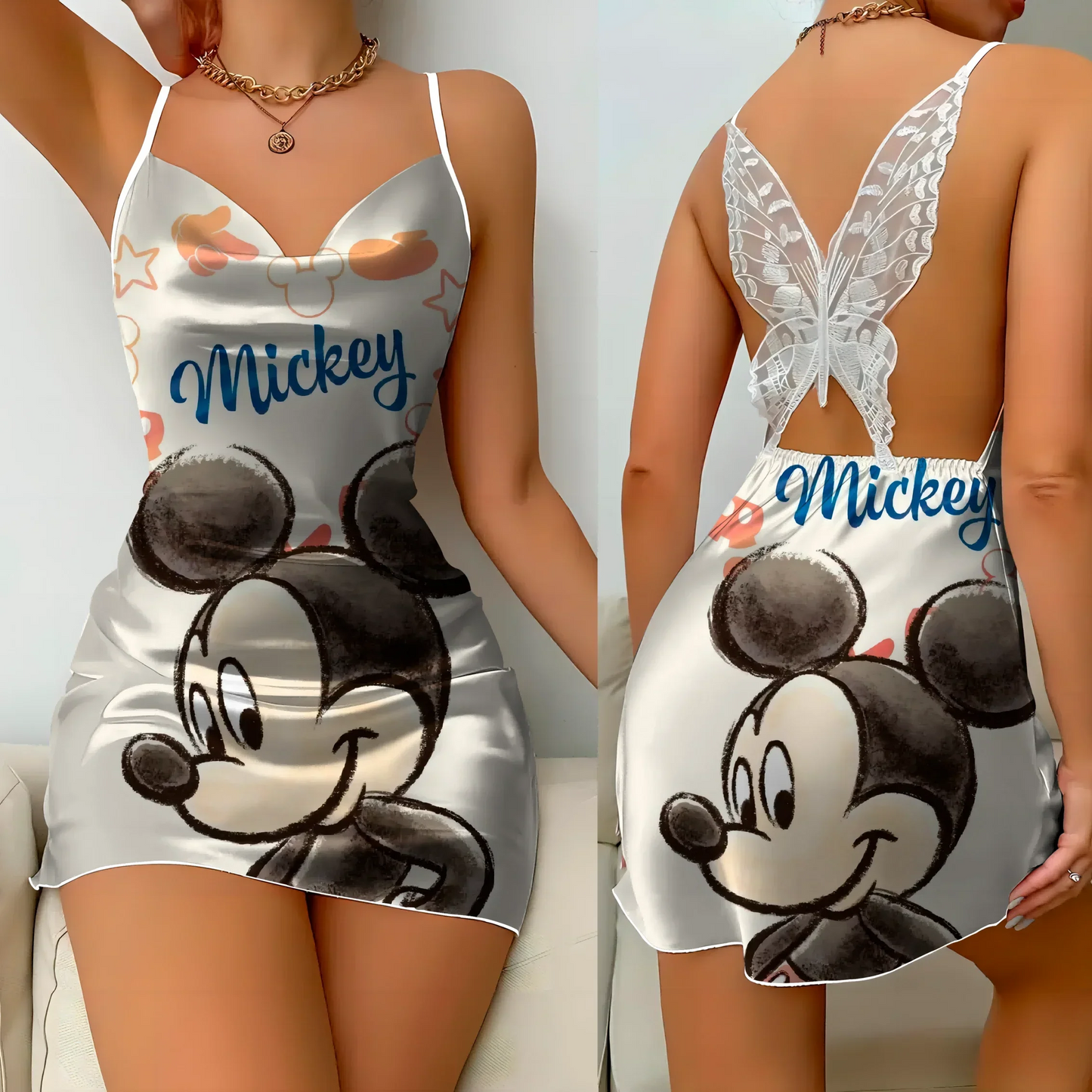 Minikleid Pyjamarock Schleife Knoten Partykleider Satinoberfläche Minnie Mouse Disney Mickey Damenmode Sommer 2024 Elegante Damen