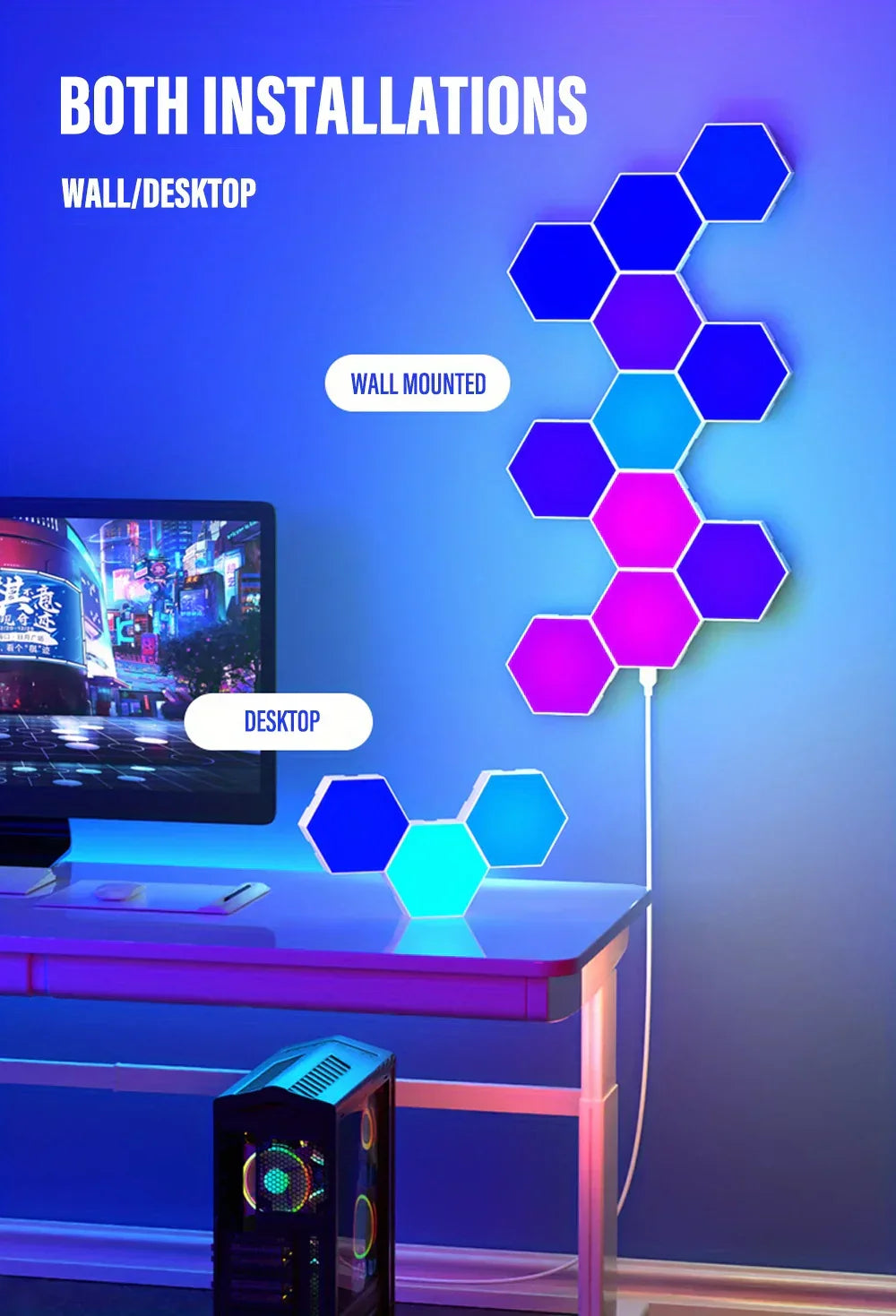 RGB Intelligent Hexagonal Wall Lamp Color-changing Ambient Night Light DYI Shape Music Rhythm APP Control For Game Room Bedroom