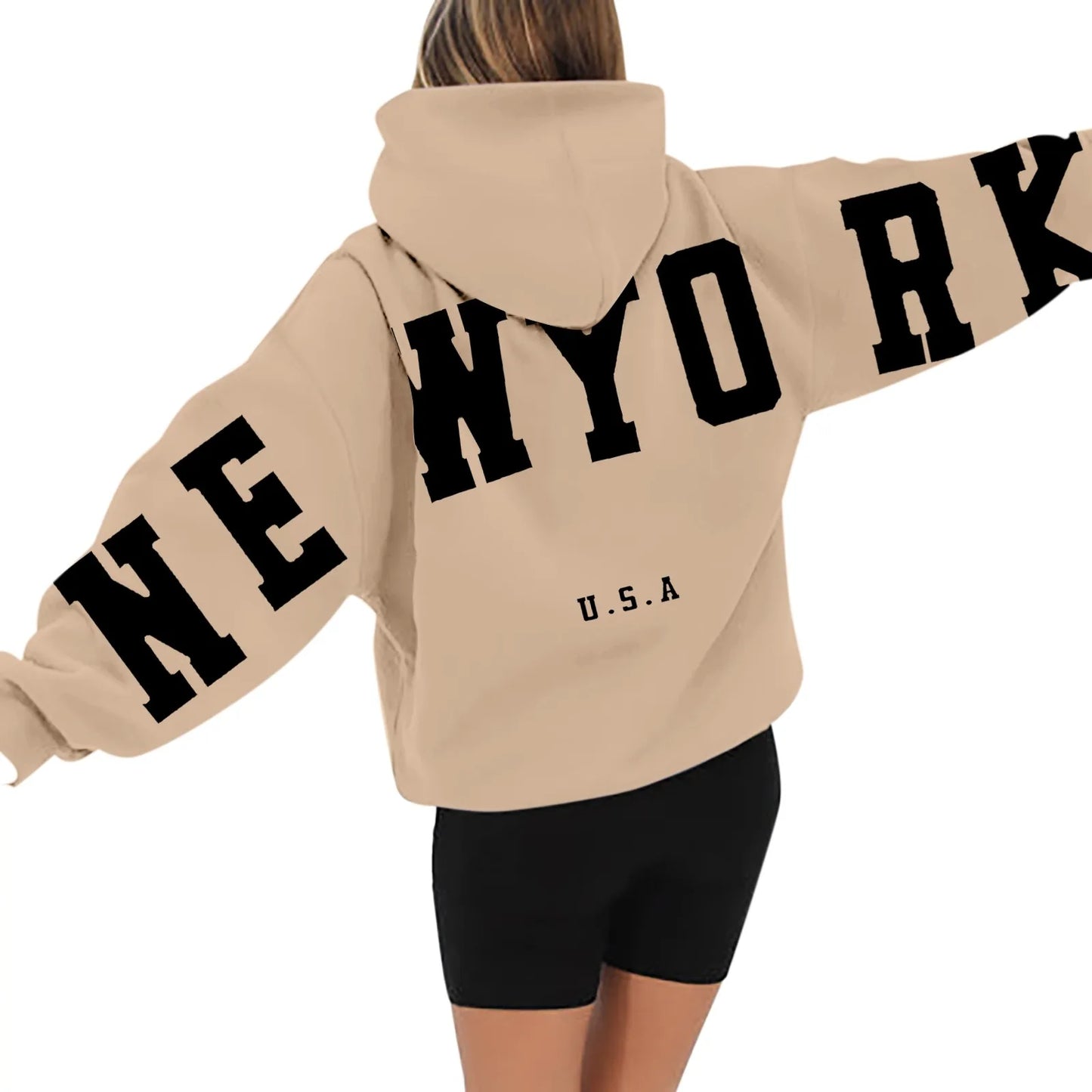 Kapuzenpullover mit langen Ärmeln und Reißverschluss auf der Rückseite für Damen, mit New York USA-Aufdruck, Kapuzenpulloverkleid, lange Kapuzenpullover für Damen, Sweatshirts, Übergröße