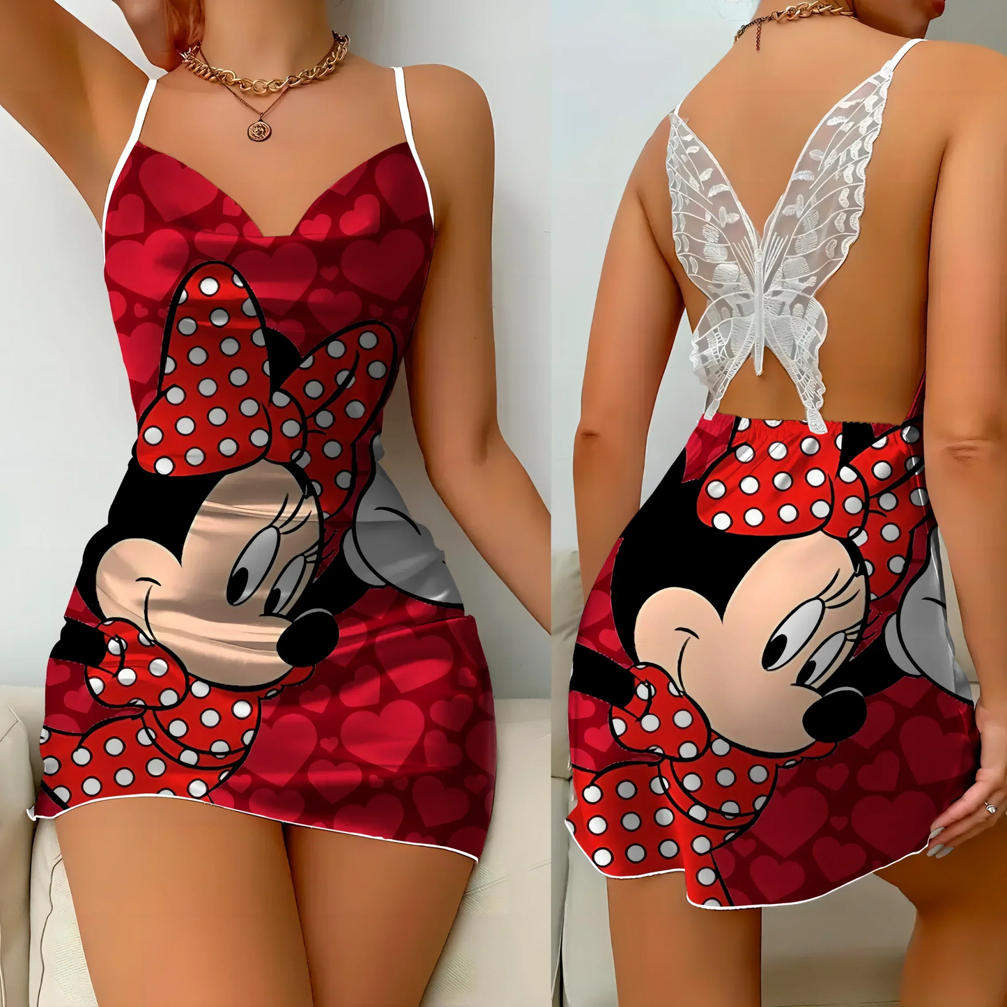 Minikleid Pyjamarock Schleife Knoten Partykleider Satinoberfläche Minnie Mouse Disney Mickey Damenmode Sommer 2024 Elegante Damen