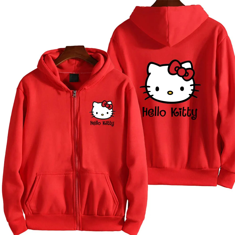 Damen Reißverschluss Hoodie Herbst und Winter Neues süßes Kawaii Sanrio Hello Kitty Muster Sweatshirt 2024 Streetwear Damenbekleidung