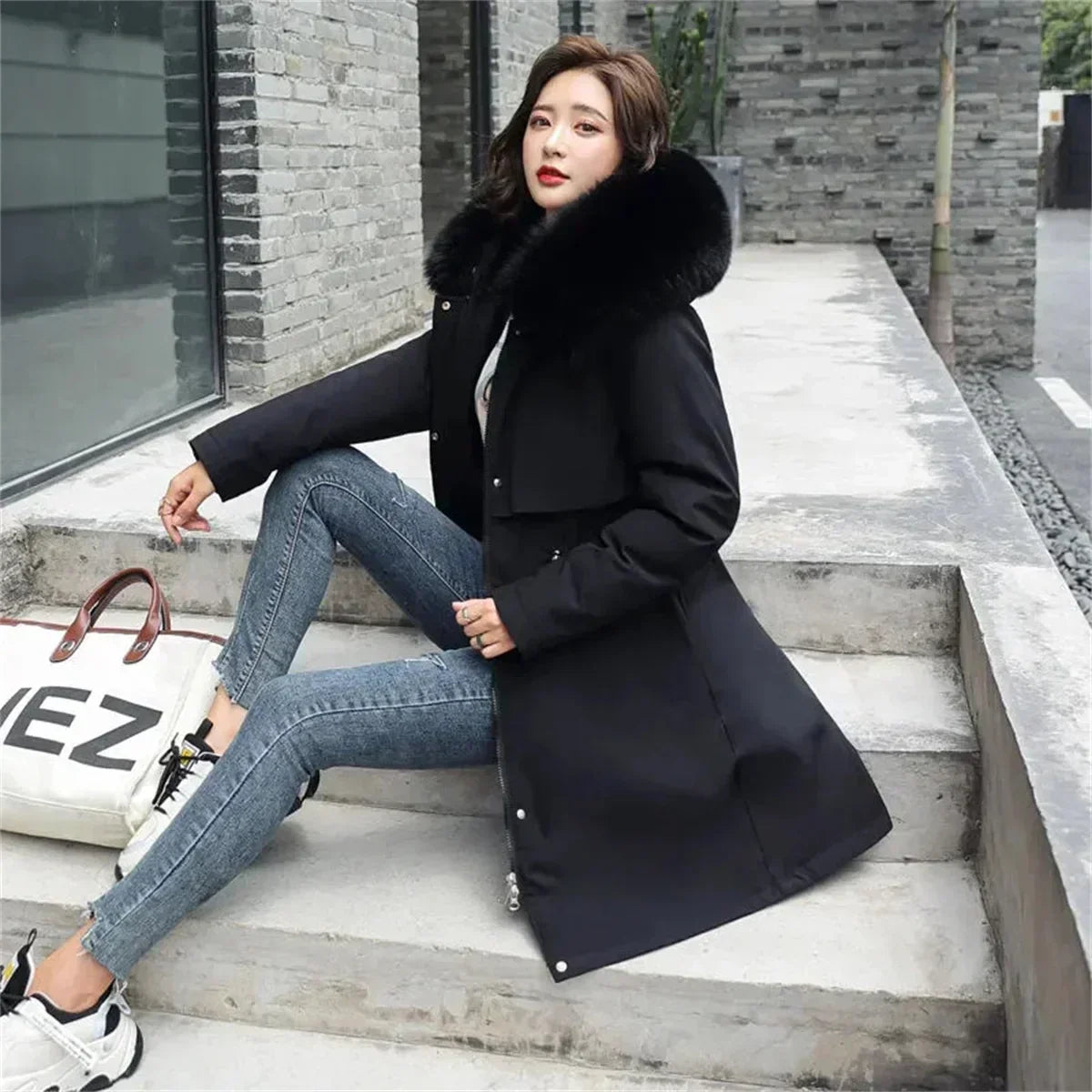 Winter Parka Jacket For Women 2024 New Long Sleeve Clothes Fashion Hooded Fur Collar Coat Thick Warm Casual Medium Length Coats