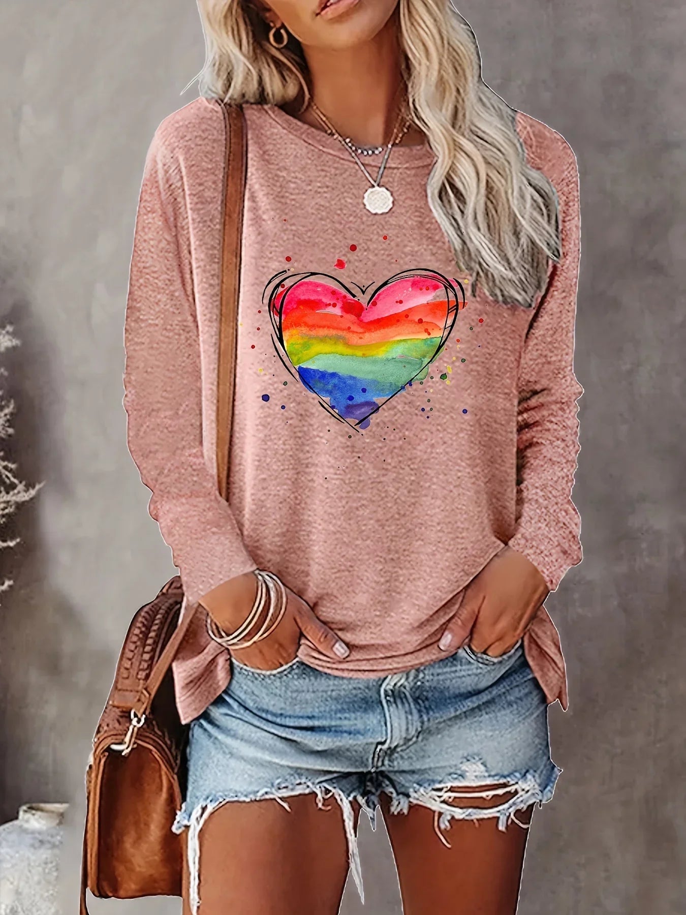 Rainbow Print, Casual Long Sleeve Crew Neck T-shirt For Spring & Summer, Women's Clothing