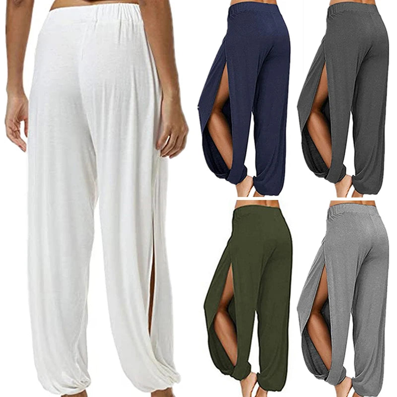 Damenbekleidung Yoga Hohe elastische Taille Schlitz Weites Bein Harenhose Gym Leggings Lässige feste lockere Hose Home Sommertrend