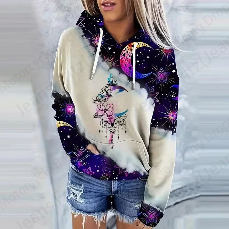 Moon Sun 3d Print Drawstring Hoodie Women Fashion Oversized Hoodies Wo