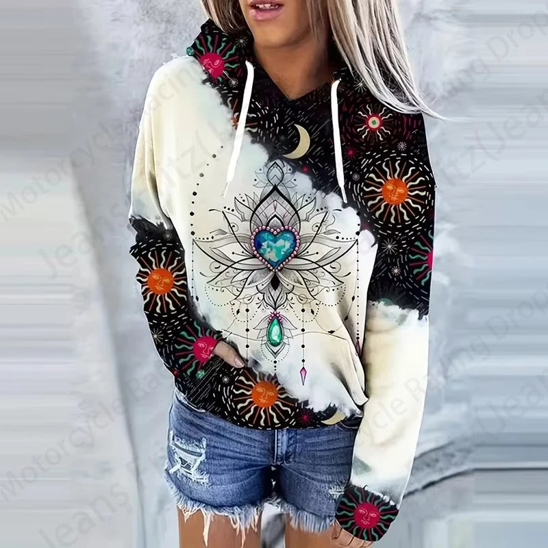 Moon Sun 3d Print Drawstring Hoodie Women Fashion Oversized Hoodies Wo