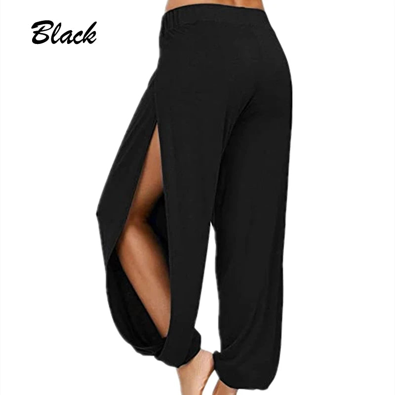 Damenbekleidung Yoga Hohe elastische Taille Schlitz Weites Bein Harenhose Gym Leggings Lässige feste lockere Hose Home Sommertrend