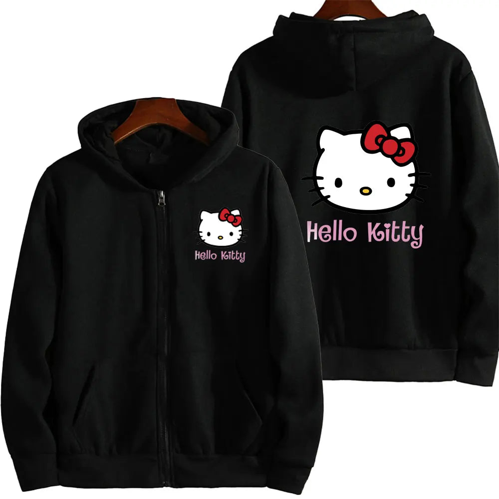 Damen Reißverschluss Hoodie Herbst und Winter Neues süßes Kawaii Sanrio Hello Kitty Muster Sweatshirt 2024 Streetwear Damenbekleidung