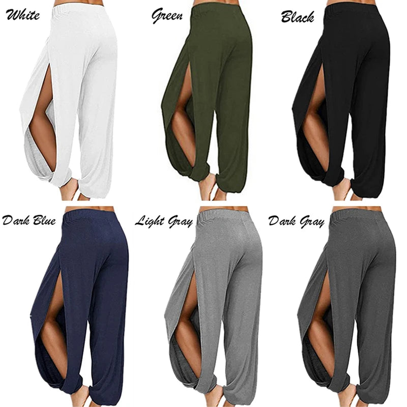 Damenbekleidung Yoga Hohe elastische Taille Schlitz Weites Bein Harenhose Gym Leggings Lässige feste lockere Hose Home Sommertrend