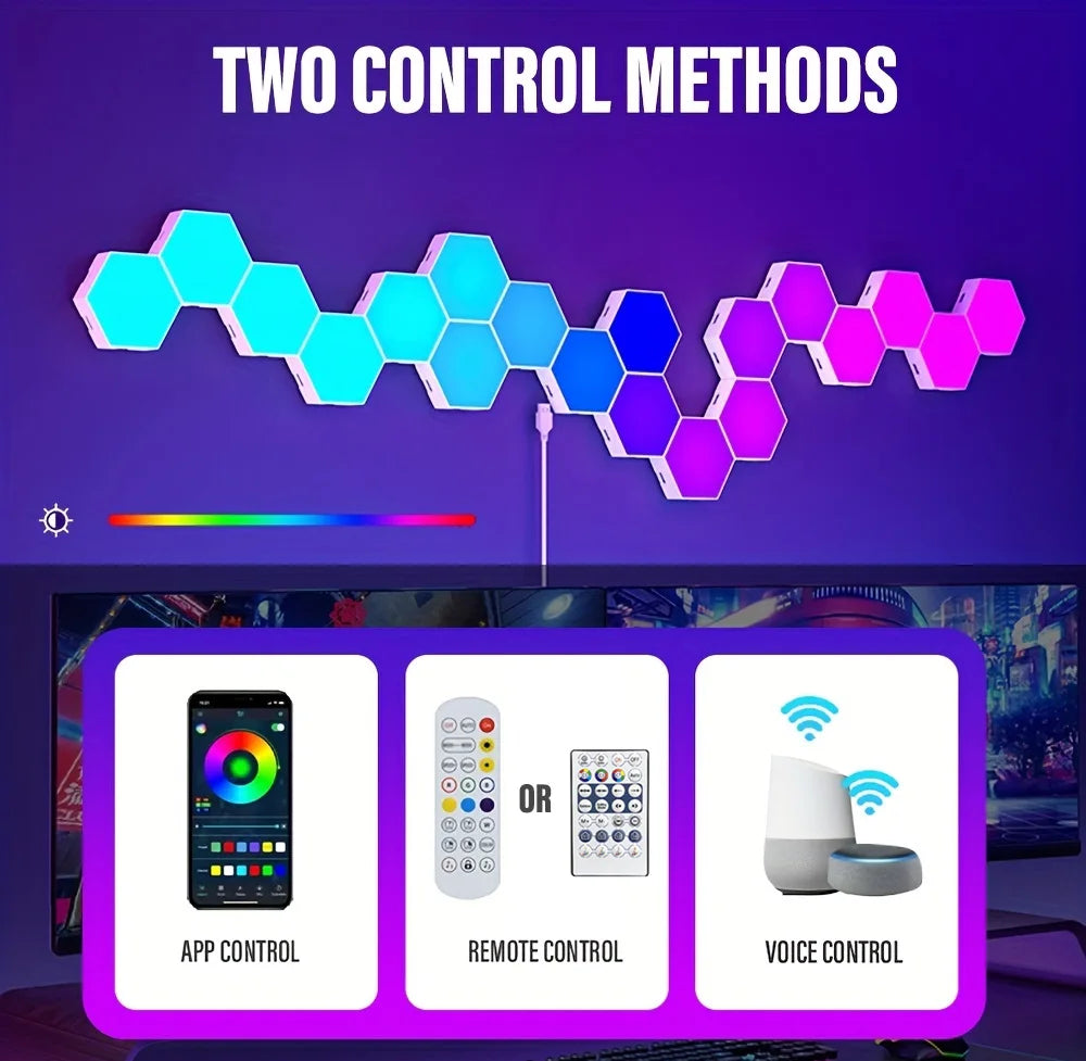 Intelligente sechseckige RGB-Wandlampe, Farbwechsel-Umgebungsnachtlicht, DYI-Form, Musikrhythmus, APP-Steuerung für Spielzimmer, Schlafzimmer